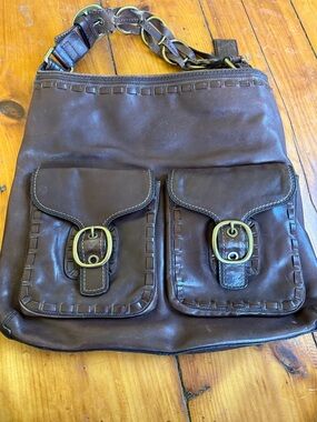 Coach Brown Leather Messenger Bag with Brass Buckles